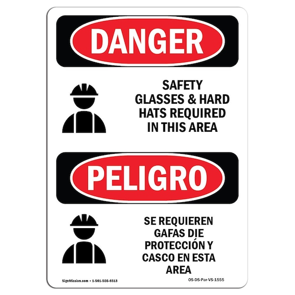 OSHA Sign, Glasses & Hard Hats Bilingual, 18in X 12in Rigid Plastic, 12" W, 18" H, Spanish